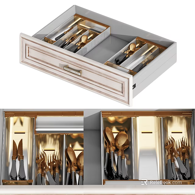 Organized Gold Silver Cutlery Set In Drawer Storage With Neat Arrangement 3d model 