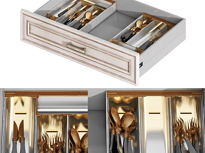 Organized Gold Silver Cutlery Set In Drawer Storage With Neat Arrangement 3d model