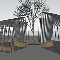 Modern Circular Outdoor Pergola With Slatted Structure And Central Tree 3d model