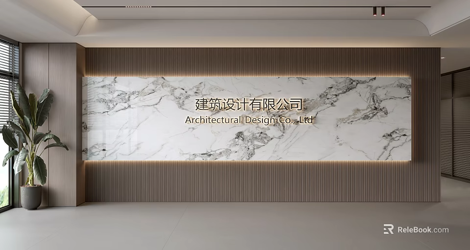 Modern Architectural Design Company Background Wall With Marble Texture And Wooden Slats 3d model 