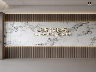 Modern Architectural Design Company Background Wall With Marble Texture And Wooden Slats 3d model