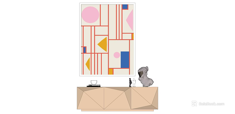 Abstract Geometric Wall Art With Colorful Shapes On Console Table With Koala Figurine 3d model 