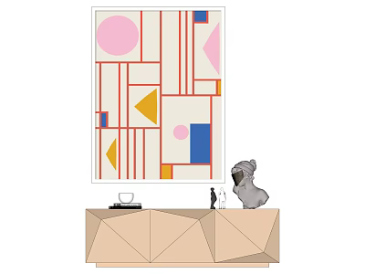 Abstract Geometric Wall Art With Colorful Shapes On Console Table With Koala Figurine 3d model