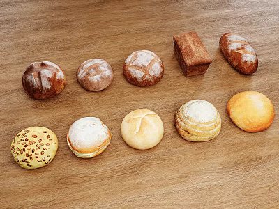Different Types of Bread Displayed on Wooden Surface 3d model Different Types of Bread Displayed on Wooden Surface 3d model