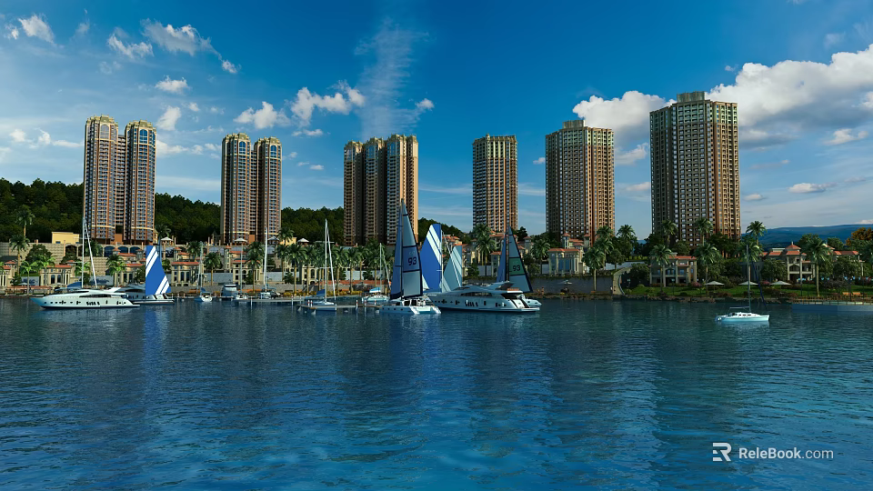 Scenic Waterfront View with Sailboats Tall Buildings Palm Trees and White Clouds Under Blue Sky 3d model 