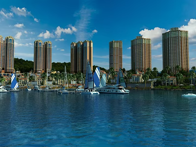 Scenic Waterfront View with Sailboats Tall Buildings Palm Trees and White Clouds Under Blue Sky 3d model