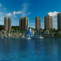Scenic Waterfront View with Sailboats Tall Buildings Palm Trees and White Clouds Under Blue Sky