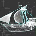 Vintage Wooden Sailing Ship With Blue And Yellow Striped Sails And Intricate Decorative Details
