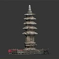 Ancient Stone Pagoda Architectural Design With Multi Tiered Structure Hexagonal Base And Red Railings