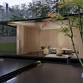 Japanese Style Garden Landscape With Wooden Pavilion Rocks Trees And Stone Path