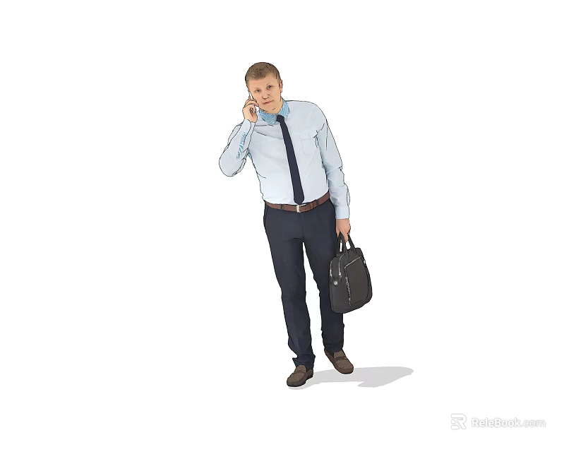 Business Man Talking on Phone Holding Black Briefcase in Light Blue Shirt 3d model 