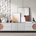 Modern White TV Stand With Circular Drawers Hexagonal Wall Artworks And Decorative Items