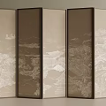 Five Panel Room Divider With Beige Panels Brown Frame And White Landscape Patterns 3d model