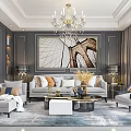 Elegant Living Room Interior With Gray Sofa Orange White Pillows Abstract Wall Art Gold Lamp