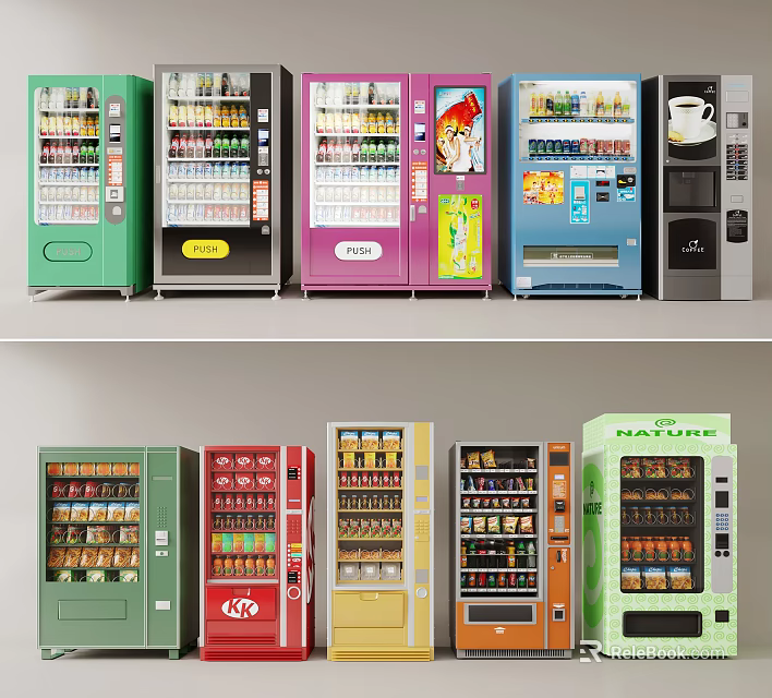 Various Colored Commercial Vending Machines With Drinks Snacks And Coffee 3d model 