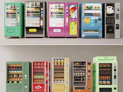 Various Colored Commercial Vending Machines With Drinks Snacks And Coffee 3d model