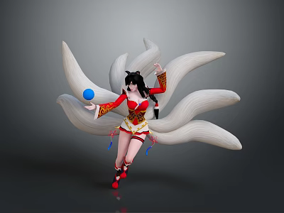 Mythical Game and Movie Character With Nine White Tails Red Gold Outfit Long Black Hair And Blue Orb 3d model