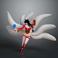 Mythical Game and Movie Character With Nine White Tails Red Gold Outfit Long Black Hair And Blue Orb