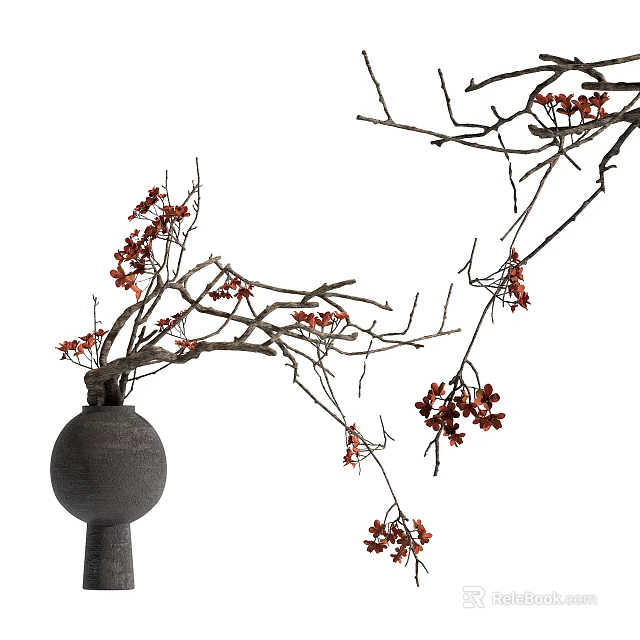 Gray Spherical Vase With Branches And Red Flowers 3d model