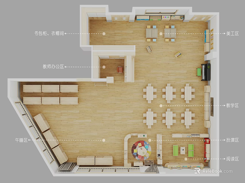 Kindergarten Floor Plan With Activity Room Art Area Reading Corner And Play Area 3d model 