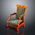 Vintage Wooden Chair with Orange Frame Green Upholstered Seat Backrest and Ornate Carved Armrests Legs