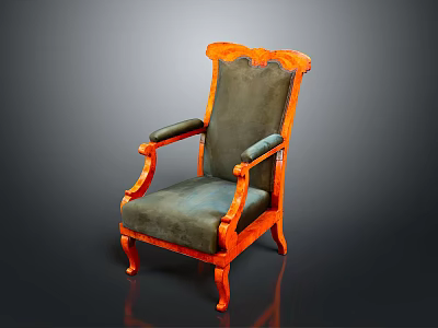 Vintage Wooden Chair with Orange Frame Green Upholstered Seat Backrest and Ornate Carved Armrests Legs 3d model