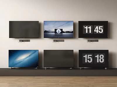 Multiple Televisions With Black Screens Displaying Scenic Views And Digital Time In Modern Room 3d model