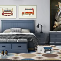 Blue Double Bed Frame With Nightstands Storage Chest And Colorful Dot Carpet