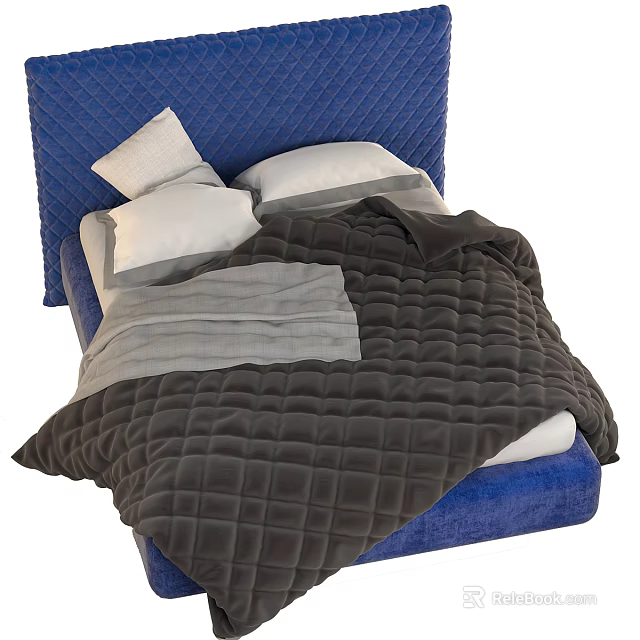 Blue Double Bed With Tufted Headboard White Pillows And Gray Quilted Blanket 3d model 