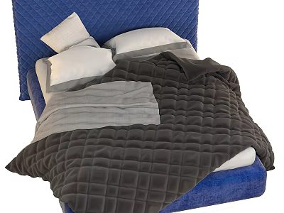 Blue Double Bed With Tufted Headboard White Pillows And Gray Quilted Blanket 3d model