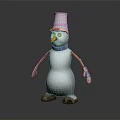 Playful Snowman with Silver Bucket Hat Glasses Orange Nose Brown Arms Blue Gloves Black Feet