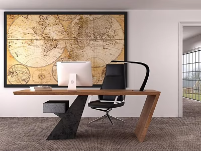 Wooden Office Desk With Computer Monitor Black Chair And Large World Map On Wall 3d model