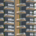 Modern High Rise Building Exterior With Glass Facade Wooden Balconies And Stone Entrance Area
