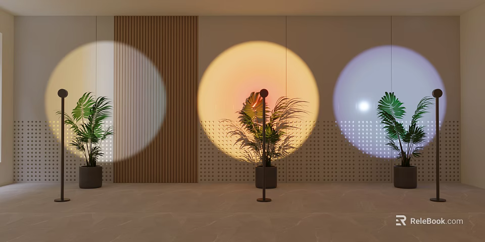 Floor Lamp Casts Circular Light In Modern Indoor Space With Plants 3d model 