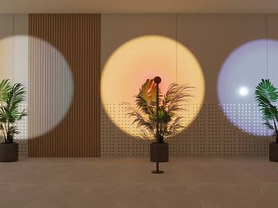 Floor Lamp Casts Circular Light In Modern Indoor Space With Plants 3d model