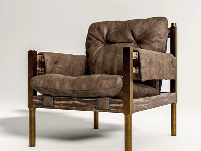 Vintage Brown Upholstered Leisure Chair With Brass Legs And Padded Seat 3d model