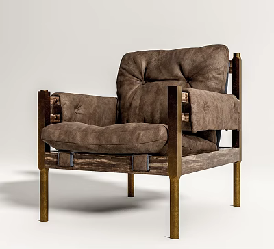 Vintage Brown Upholstered Leisure Chair With Brass Legs And Padded Seat 3d model