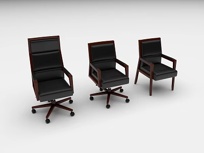 Three Black Leather Office Chairs With Dark Wood Frame Swivel And Fixed Base 3d model