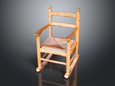 Classic Wooden Rocking Chair With Woven Seat And Armrests In Light Wood Tone 3d model