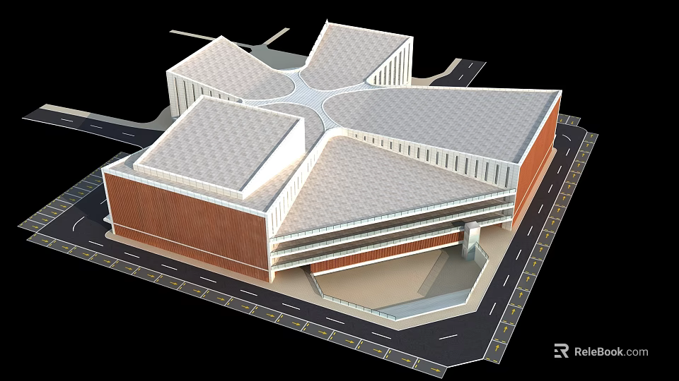 Contemporary Commercial Complex With Angular White Roofs Brown Exterior And Road Layout 3d model