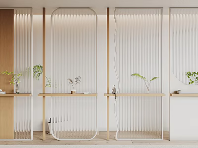 Contemporary White Partition Design With Curved Lines And Green Plants On Wooden Shelves 3d model
