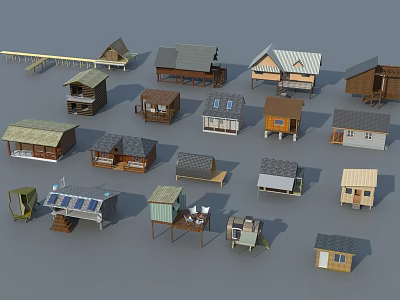 Wooden Houses Featuring Various Designs Styles Different Roofs And Structures 3d model