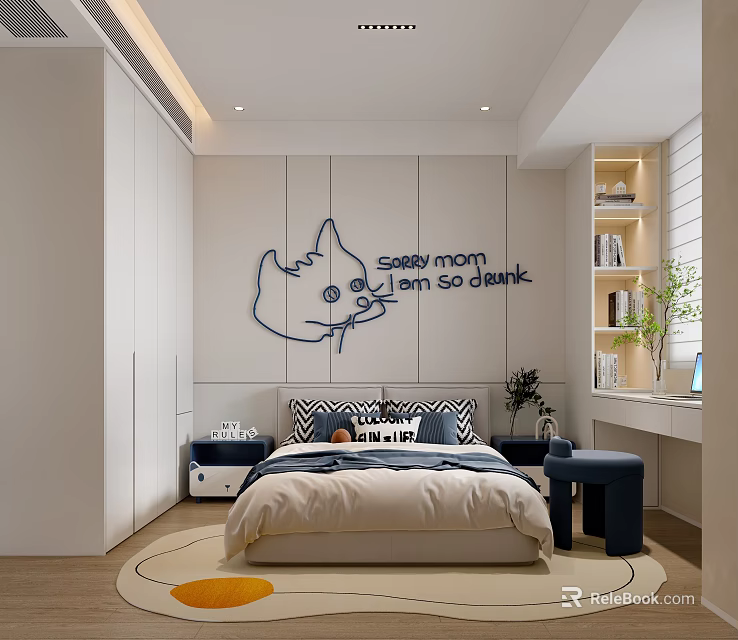 Modern Kids Room Interior With Cartoon Cat Wall Decor Bed Bookshelf And Round Rug 3d model 