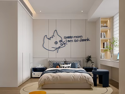 Modern Kids Room Interior With Cartoon Cat Wall Decor Bed Bookshelf And Round Rug 3d model