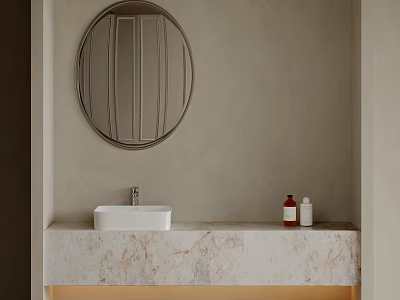 Modern Bathroom Vanity With Marble Countertop Round Mirror Toiletries And Neutral Wall 3d model