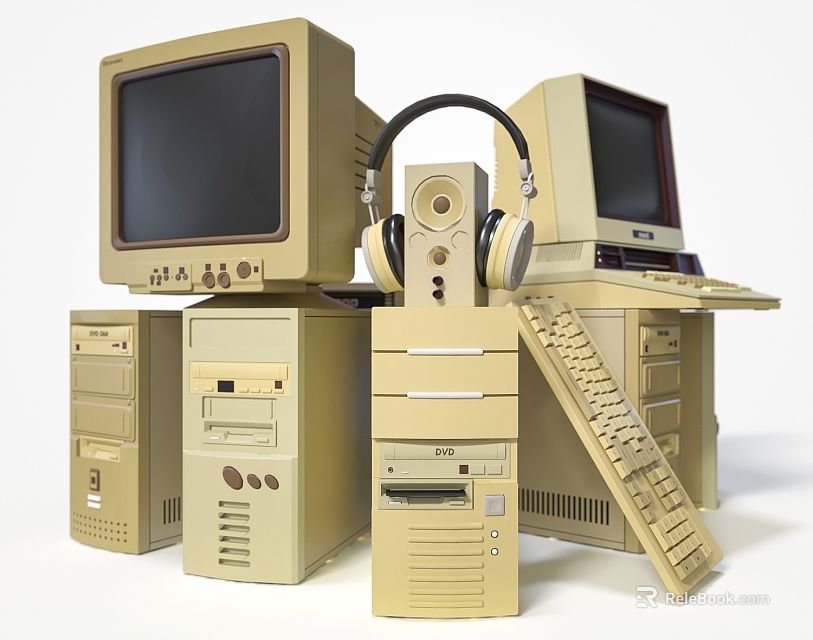 Vintage Computer Collection Featuring Old Monitors Towers Keyboard And Headphones 3d model 