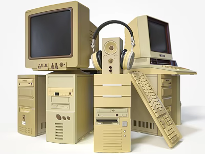 Vintage Computer Collection Featuring Old Monitors Towers Keyboard And Headphones 3d model