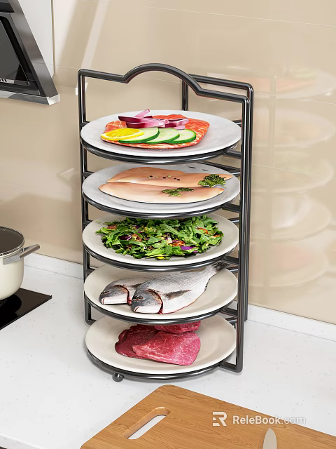 Fresh Vegetables Display on Multi Tiered Kitchen Rack with Salad Greens and Sliced Produce 3d model 