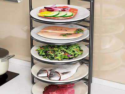 Fresh Vegetables Display on Multi Tiered Kitchen Rack with Salad Greens and Sliced Produce 3d model