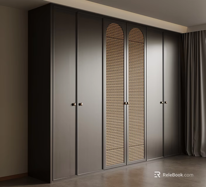 Modern Wardrobe Design With Dark Cabinetry Rattan Panel Doors And Metal Handles 3d model 